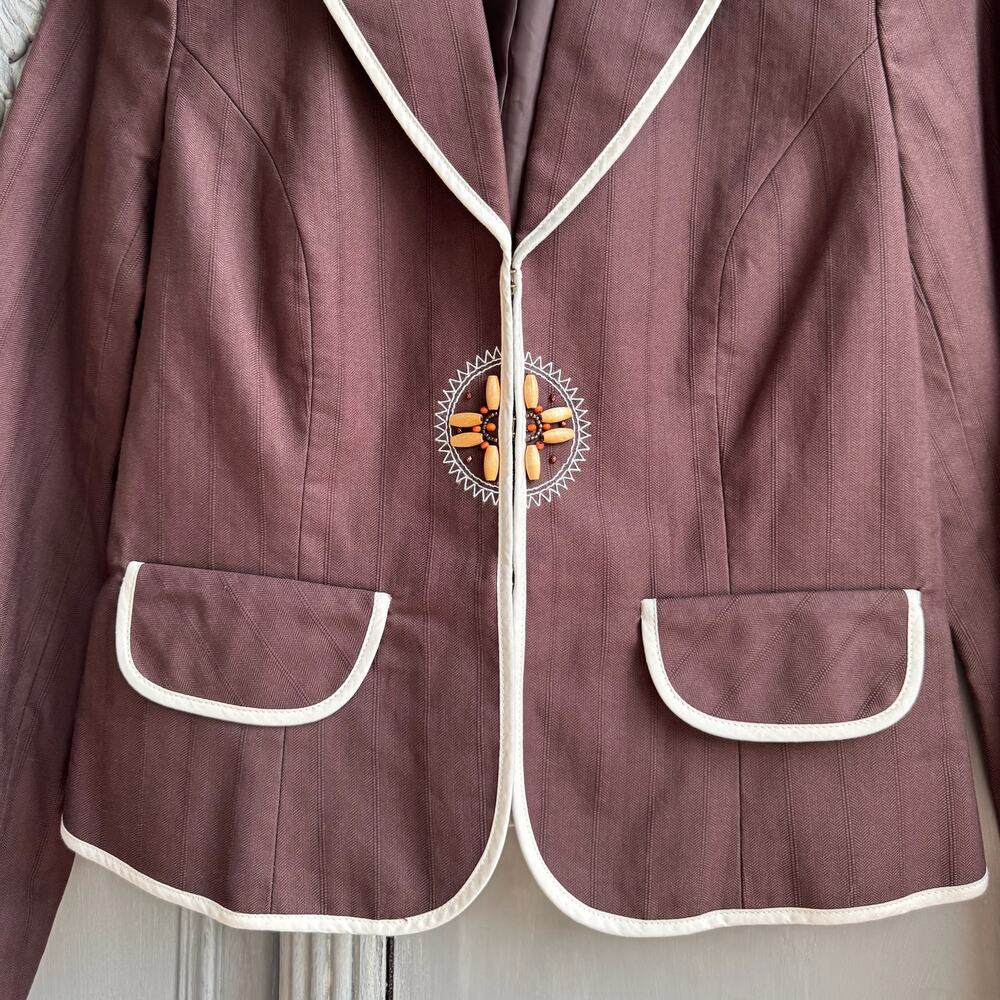 Vintage Nine & Co 100% Cotton Beaded Blazer 10 Brown 90s Cutaway Jacket - Picture 5 of 13
